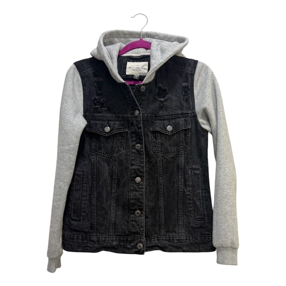 Ashley Vintage Charm Womens Black Denim Jacket Gray Sweatshirt Sleeves Small